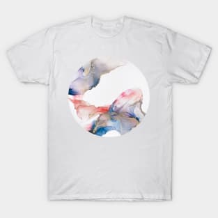 Abstract painted with alcohol ink. Sparkling red, blue, purple, gold color. The style includes marble swirls or agate ripples. T-Shirt